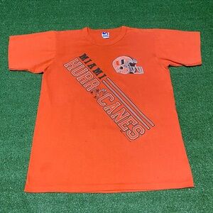 Vintage 80s Miami Hurricanes Universal Athletics T-Shirt USA Green Orange Canes